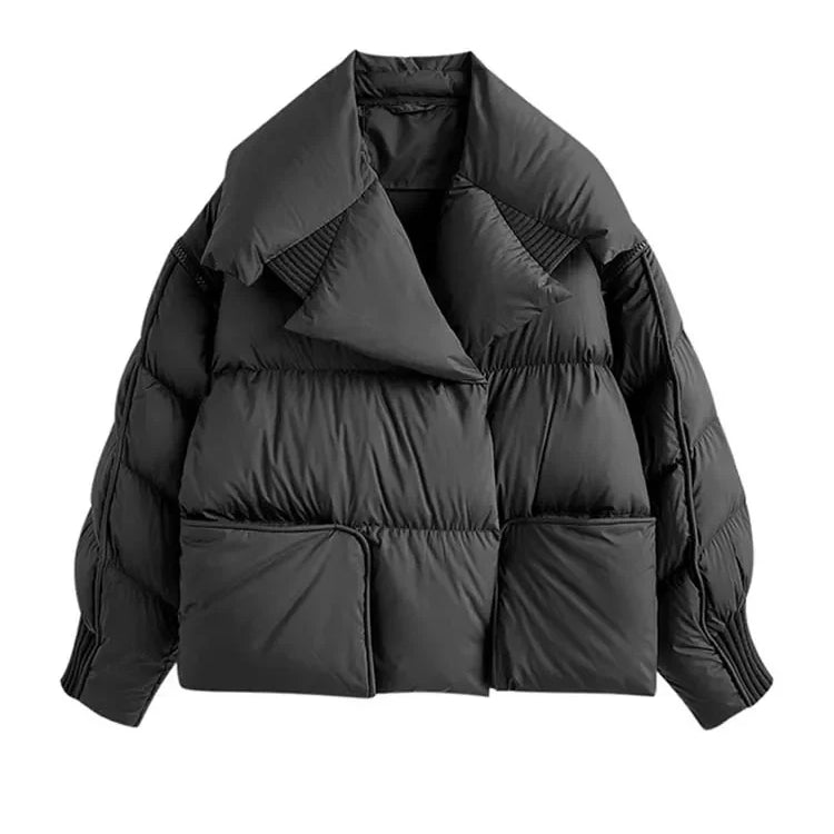 Luxury Design pockets zipper cropped down jacket for women Winter Warm Knit patchwork puffer coat Oversize INKEO DJ054