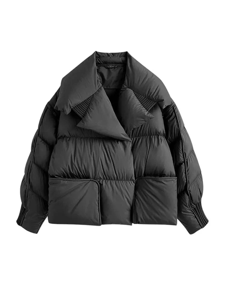 Luxury Design pockets zipper cropped down jacket for women Winter Warm Knit patchwork puffer coat Oversize INKEO DJ054