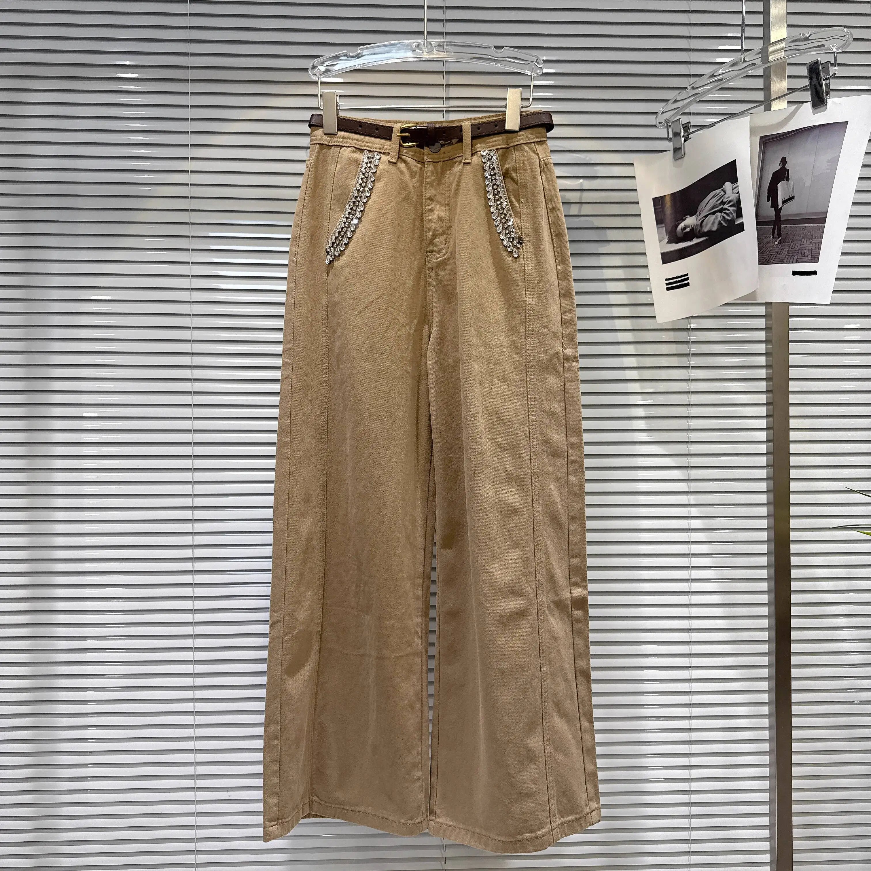 DEAT 2026 Spring New Street Style Rhinestone Pocket Belt Design Loose Wide-Leg Jeans For Women Straight Denim Pants 11A07800 Khaki