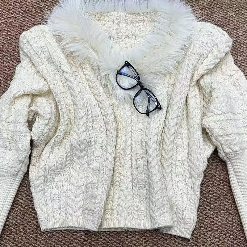 Autumn Winter New Fashion Design Knitted Sweater With Fur Collar Loose Twist Pullover For Women Trendy 11A07787