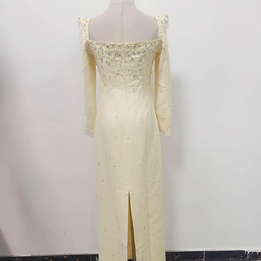 Solid Slimming Spliced Bead Luxurious Midi Dresses for Women Square Neck Long Sleeves Split Elegant Dress Female