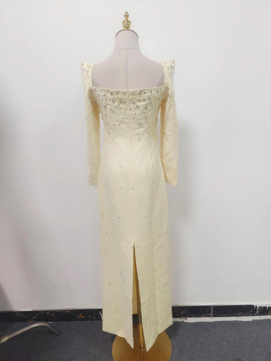 Solid Slimming Spliced Bead Luxurious Midi Dresses for Women Square Neck Long Sleeves Split Elegant Dress Female