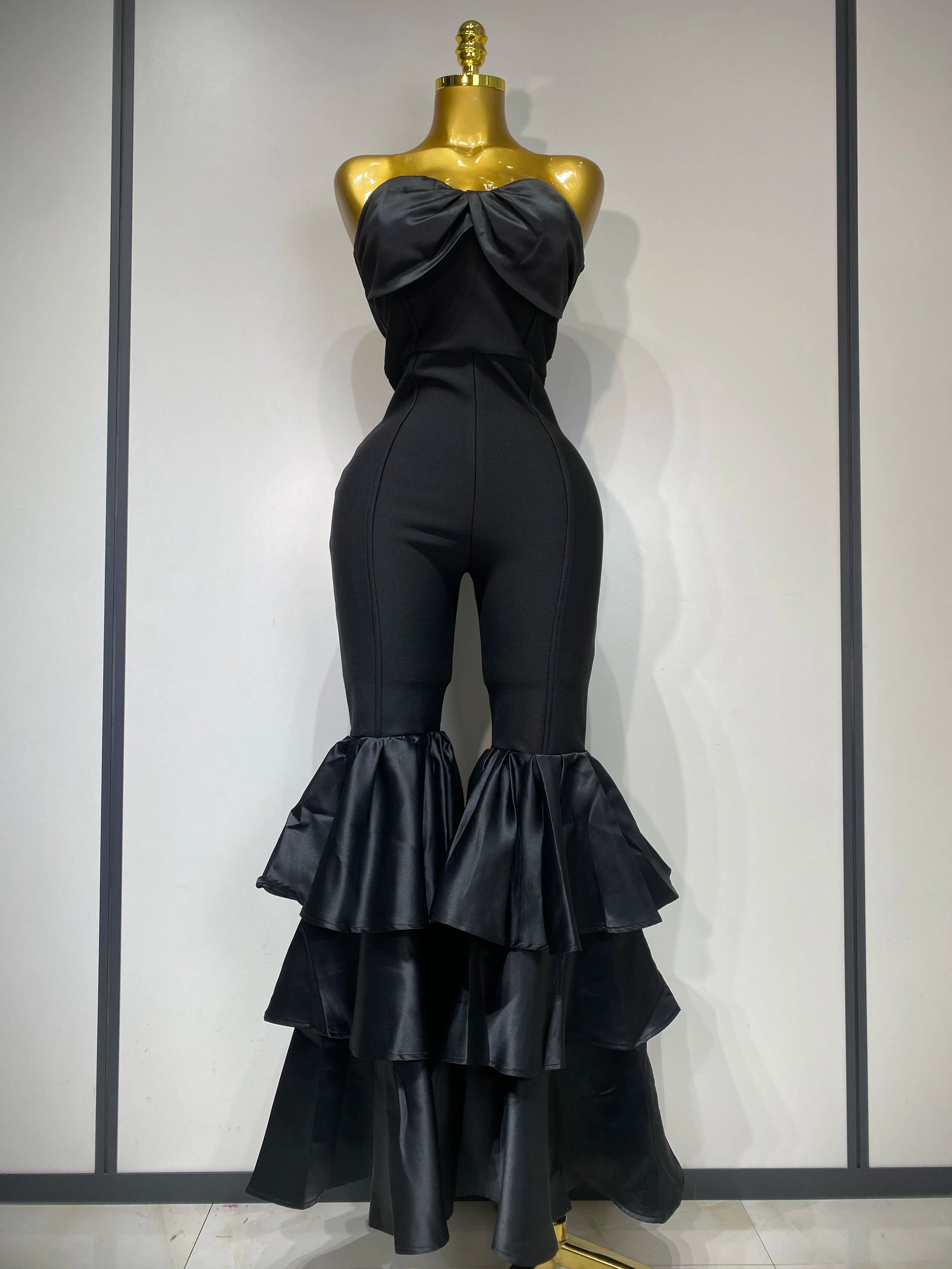 Women Luxury Birthday Sexy Strapless Ruffles Bodycon Flare Black Bandage Jumpsuit 2025 Celebrity Designer High Street Rompers black