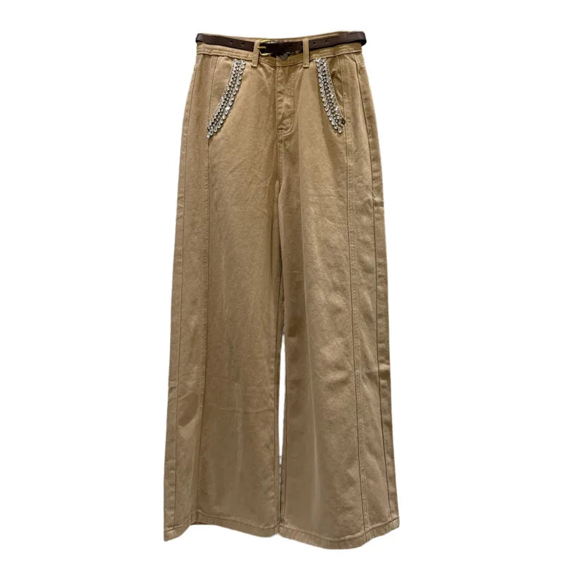 DEAT 2026 Spring New Street Style Rhinestone Pocket Belt Design Loose Wide-Leg Jeans For Women Straight Denim Pants 11A07800