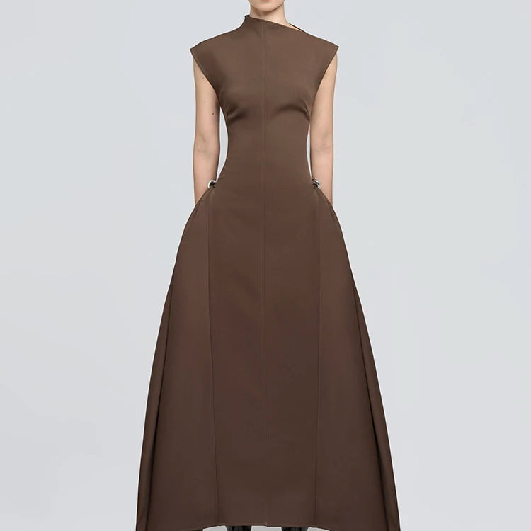 Casual Dress For Women Asymmetrical Collar Sleeveless High Waist Metal Button Pin Embellished Elegant Cocktail Party Wear Brown