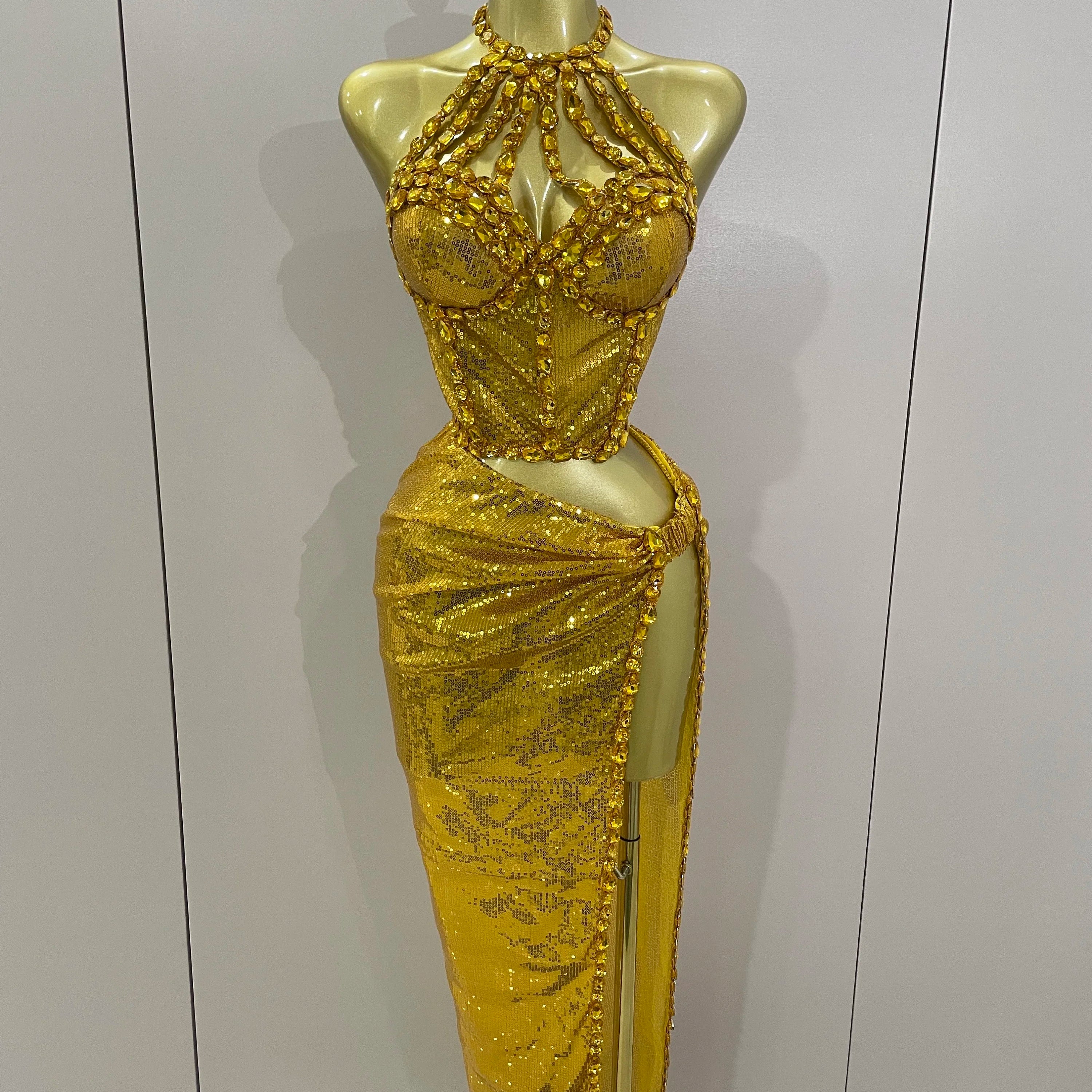 Sexy Luxury Shiny Diamond Sequins Cocktail Dress 2Pcs Set 2025New Women Evening Celebrate Birthday Party Nightclub Stage costume Gold