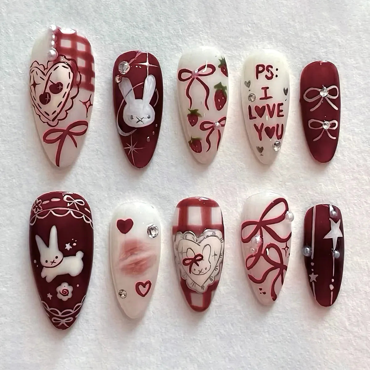 24Pcs Cute Rabbit Design Press on Nails Red Strawberry Pattern Wearable False Nails Mid-length Almond Full Cover Fake Nail Tips 1160