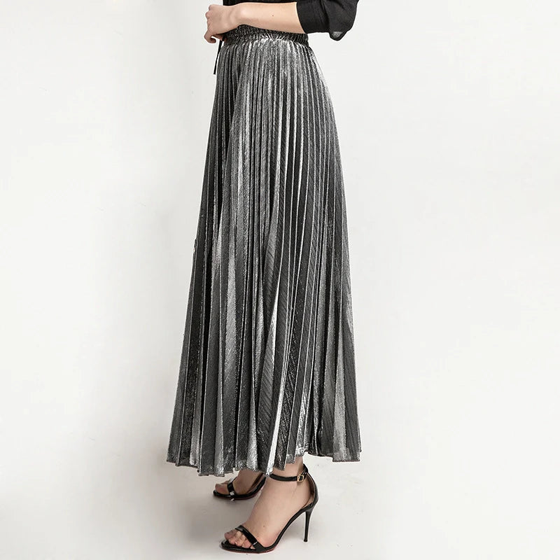 Women Shiny Luster Long Pleated Skirt Beach Party High Waist A-line Umbrella Long Skirt for Autumn