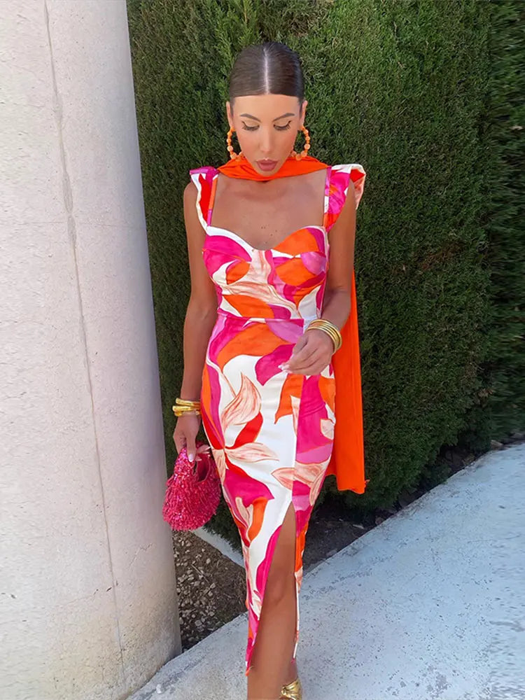 New Contrast Print Split Dress For Women Fashion Slim Sleeveless Chest Wrapping Robes Chic Lady Party Vacation Vestidos