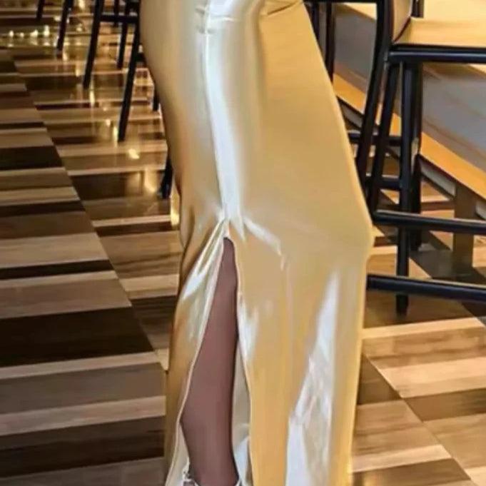 CM.YAYA Vintage Women Satin Bodycon Long Pencil Maxi Long Skirt 2025 Summer Sweet Holiday Beach Street INS Fashion OL Skirts