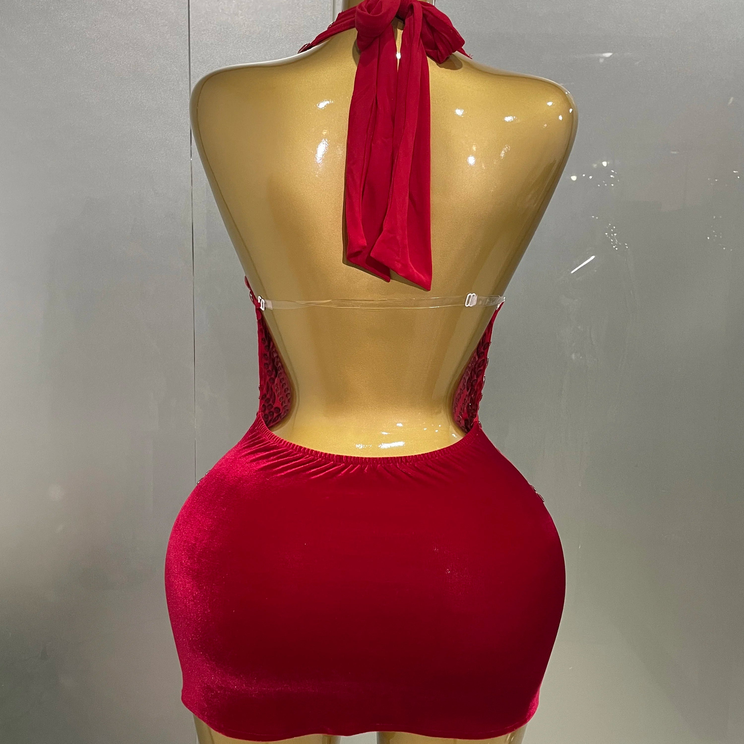 2025 New Sexy Sparkly Rhinestones Halter Backless Mesh Velour Short Dress Women Evening Prom Celebrate Birthday Party Stage Wear