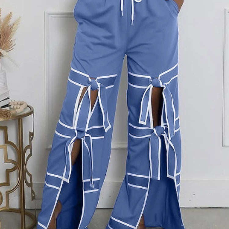 CM.YAYA Fashion Women Striped Patchwork Bowknot Split Wide Leg Jogger Pants 2025 Summer Active Sporty Classic Trousers