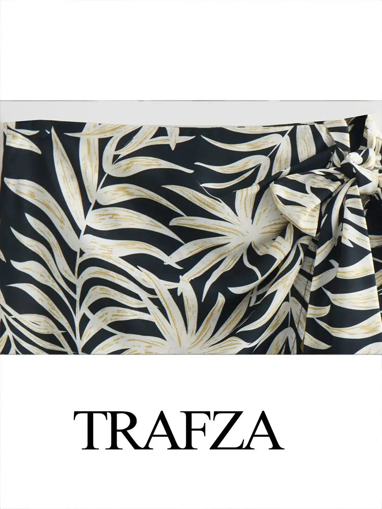 TRAFZA Women's Zipper Short Skirt Street Clothing Unique Tassel Pendant Elegant Women's Summer Retro Print Asymmetric Mini Skirt