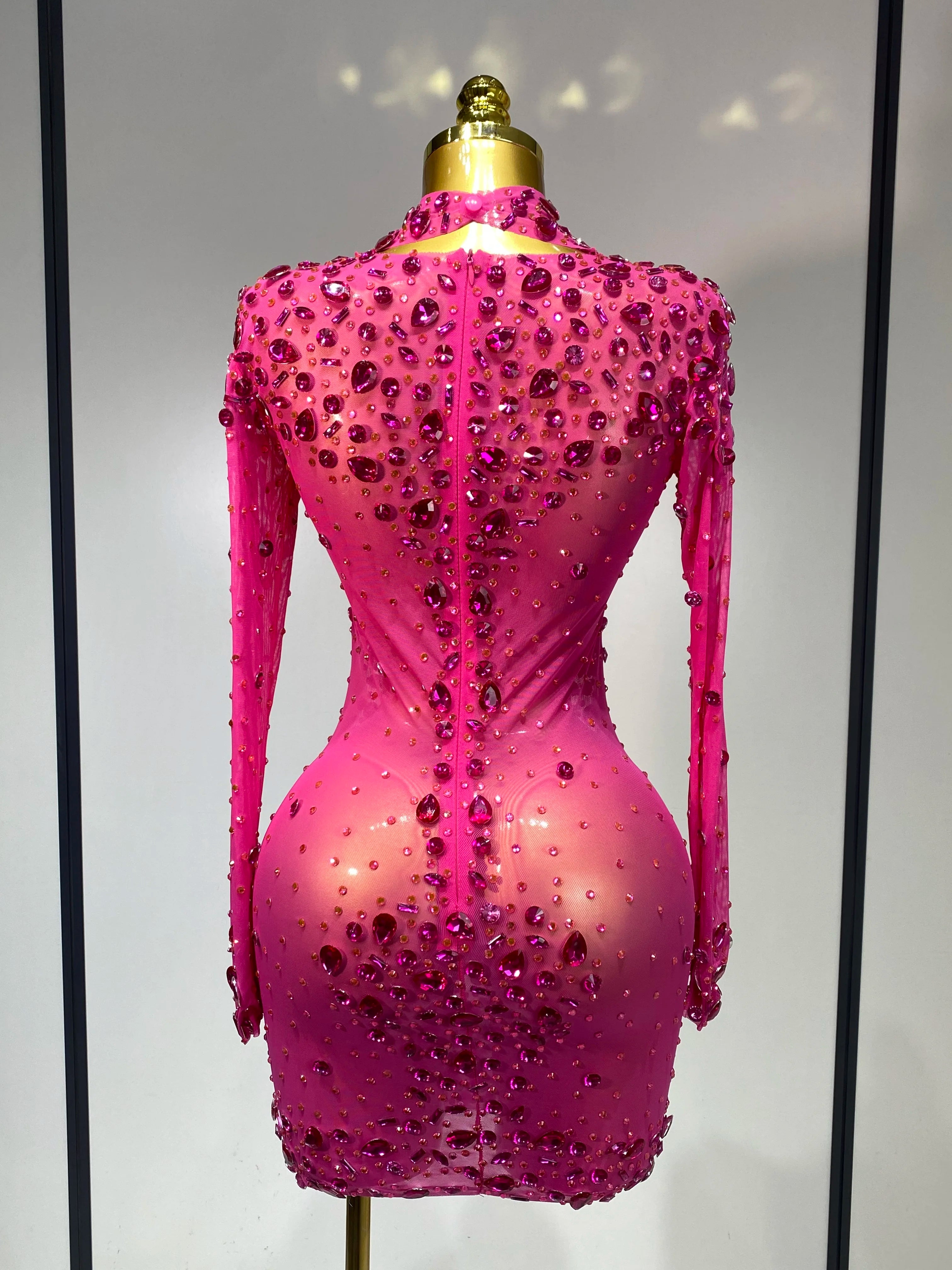 Women Sexy Mesh Rhinestones Mini Dresses Luxury Birthday Evening Party Celebrate Prom Gown Nightclub Singer Stage Outfit