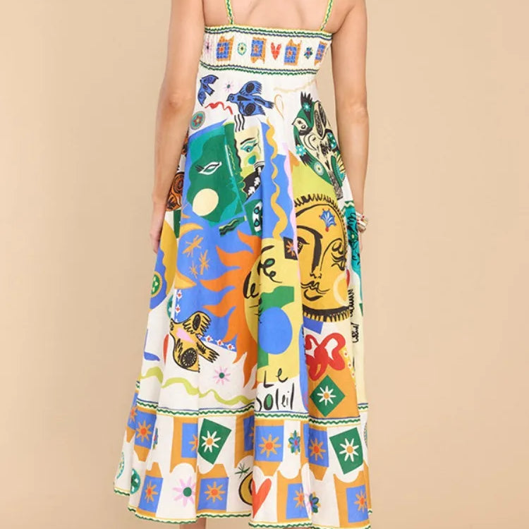 Elegant Printed Sleeveless Swing Dress Women's High Waist Suspender Backless Sexy Women's Summer Beach Vacation Robe