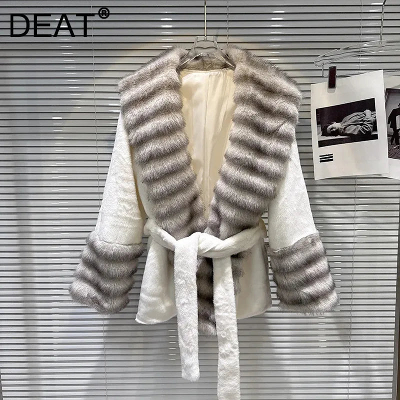 Winter New Fashion Big Fur Collar Plush Faux Fur Coat For Women Loose High-end Lace-up Waist Jacket Female 11A07741