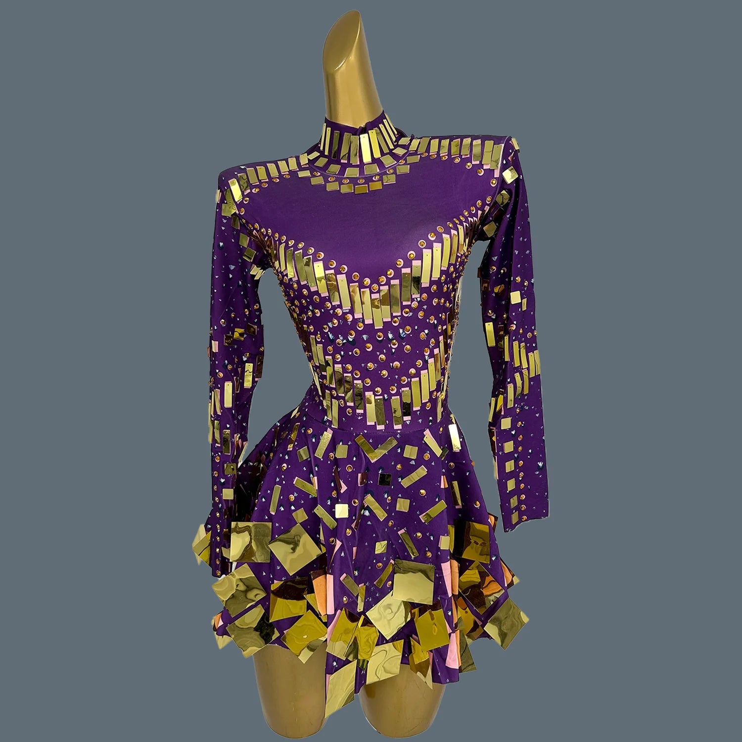 Fancy Sequins Pleated Mini Dress for Hot Girls Bar Nightclub Stage Show Outfit Dance Performance Wear Dance Troupe Outfit Xieshi Purple Gold One Size