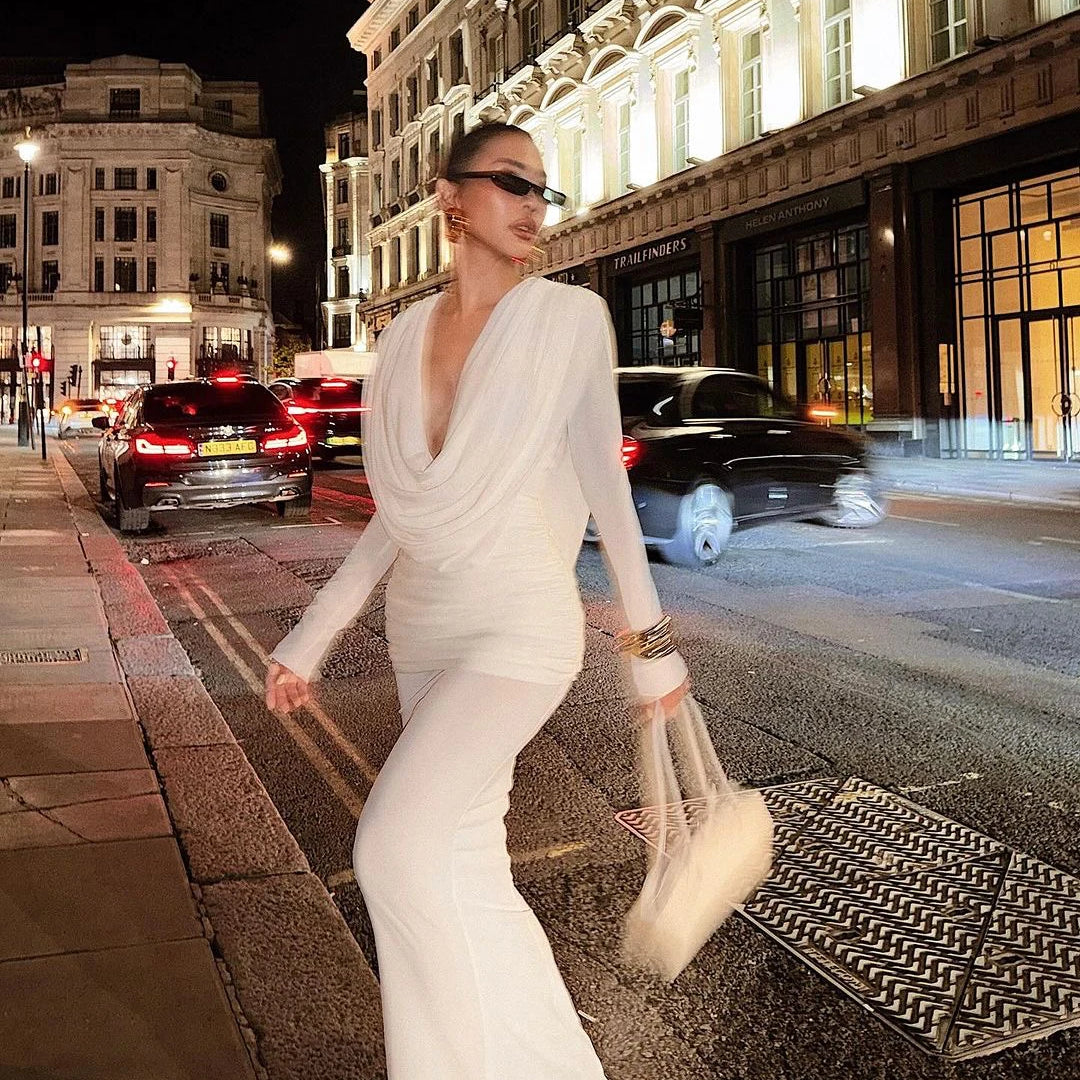 Women Celebrity Sexy Long Sleeve Deep V Neck Ruched White Maxi Long Gowns Dress 2025 Elegant Evening Party Club Vestido