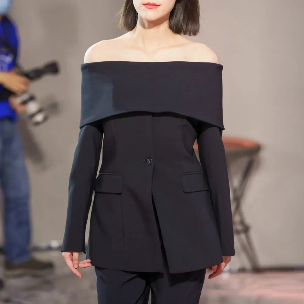 Solid Temperament Blazers For Women Slash Neck Long Sleeve Patchwork Pocket Minimalist Slim Blazer Female Fashion Black