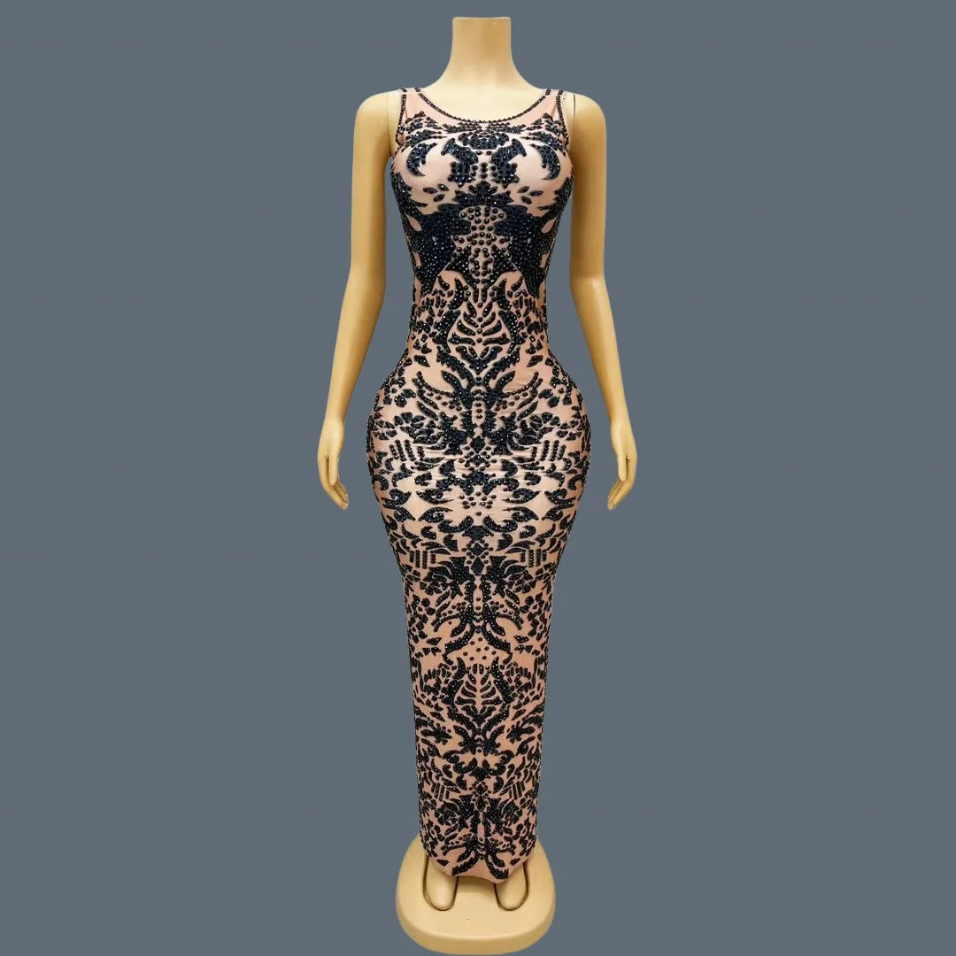 Women's Black Pattern Rhinestone Sparkly Ball Dress Birthday Luxury Dinners Sexy Maxi Dress Celebrate Party Evening Gown Heijiao as shown
