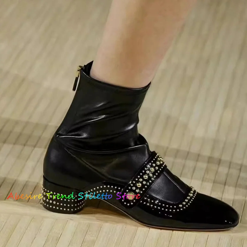 White Retro Studded Knee High Boots for Women New High Tube Thick Heels Back Zipper Elastic Slim Boots Black Knight Boots 1