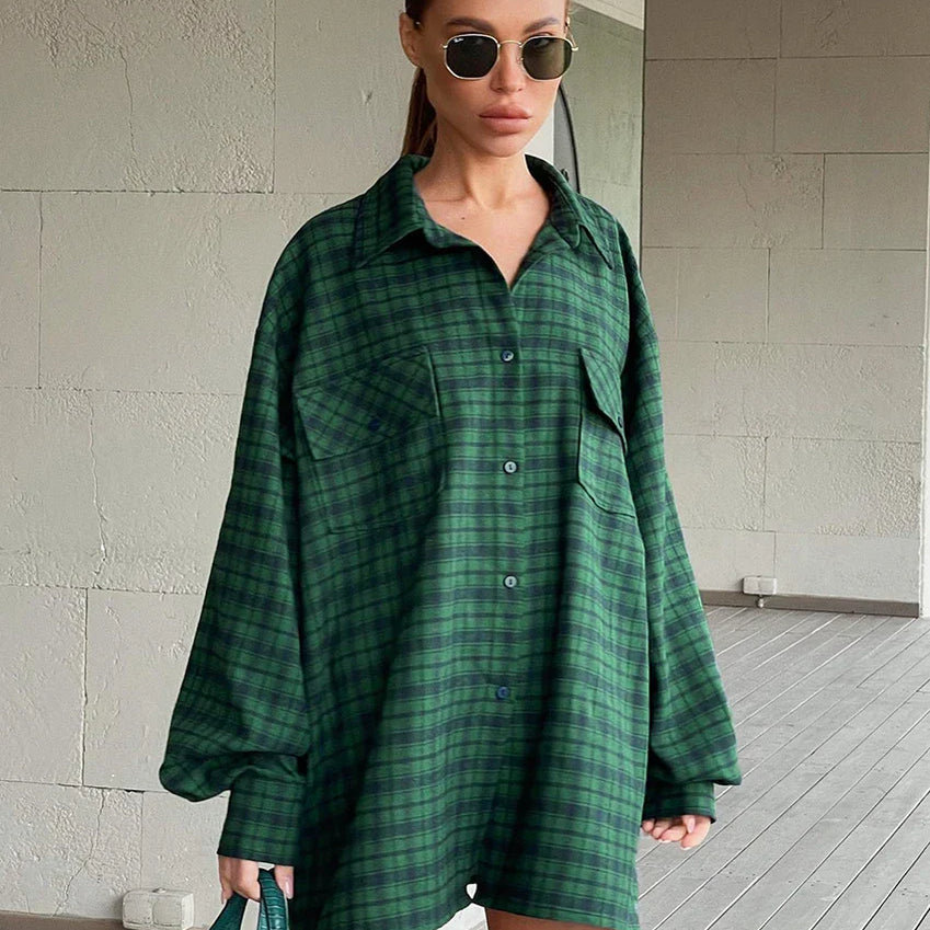 Bclout Casual Green Plaids Loose Blouses For Women 2022 Winter Vintage Long Sleeve Party Shirts Flannel Elegant Office Lady Tops