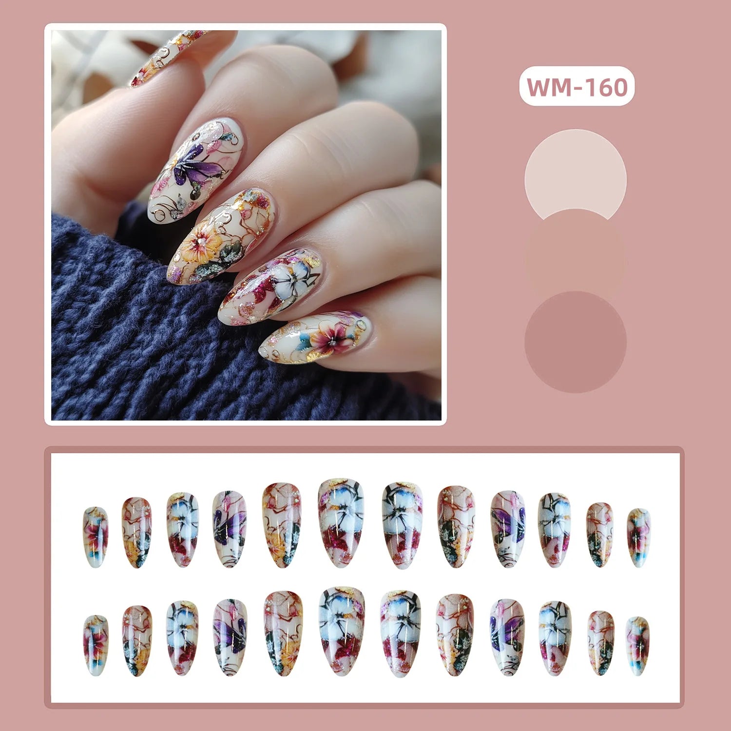 24pcs Classical Flowers Press on Nails Watercolor Butterflys Flowers Print False Nails Wearable Spicy Girls Fake Nails for Women 4