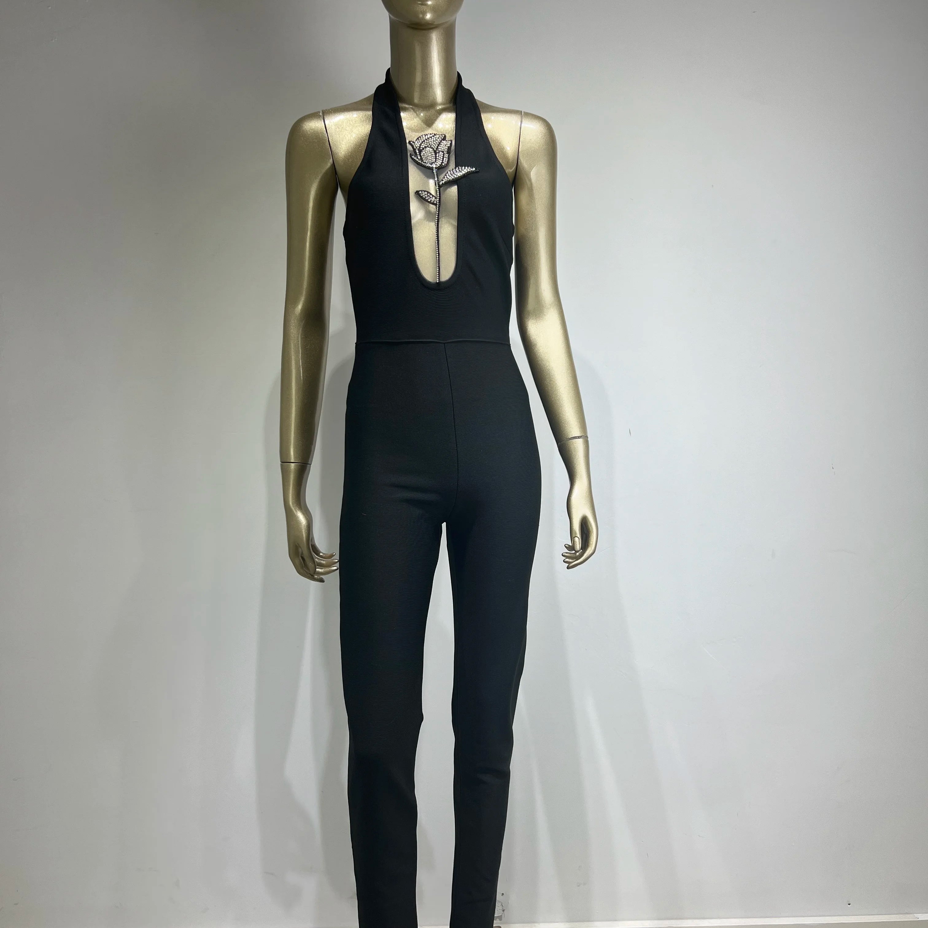 Women Luxury Sexy Sleeveless Mesh Diamonds Flower Black Bodycon Bandage Jumpsuit 2024 Celebrity Designer High Street Rompers