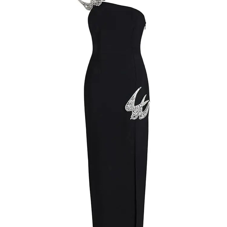 Ailigou New Women's Sexy One Shoulder Sleeveless Diamond Split Thigh Long Bandage Dress Elegant Celebrity Party Dress