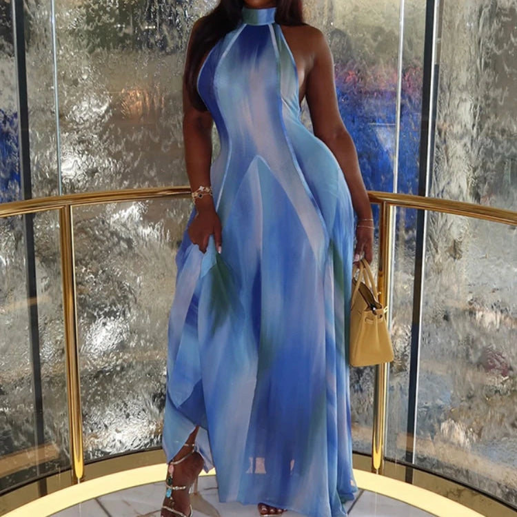 Women Gradient Print O-Neck Sleeveless Bodycon Long Dress 2025 Summer Holiday Birthday Evening Beach Sexy Party Dresses