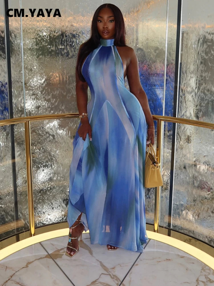 Women Gradient Print O-Neck Sleeveless Bodycon Long Dress 2025 Summer Holiday Birthday Evening Beach Sexy Party Dresses