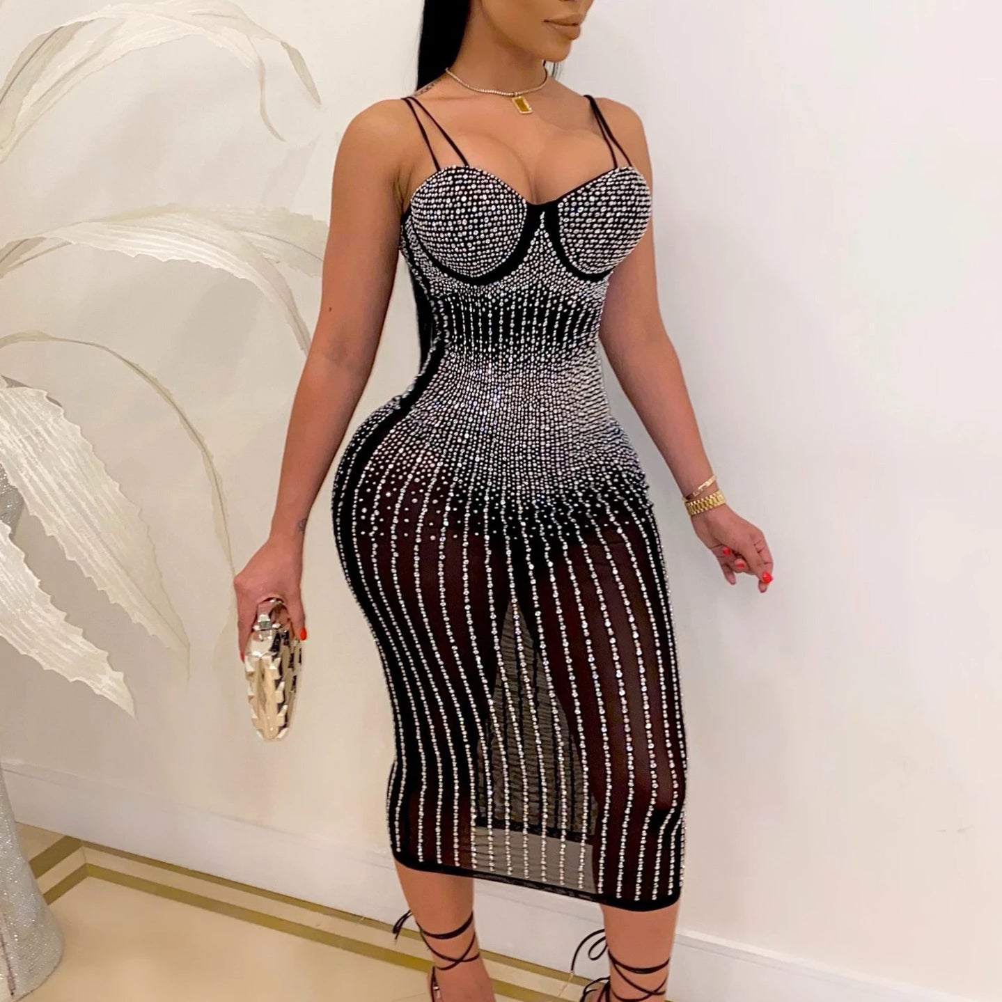 CM.YAYA Mesh See Though Hot Rhinestones Plunging V-neck Midi Bodycon Dress Women Sexy Club Party Dresses Pencil Vestidos