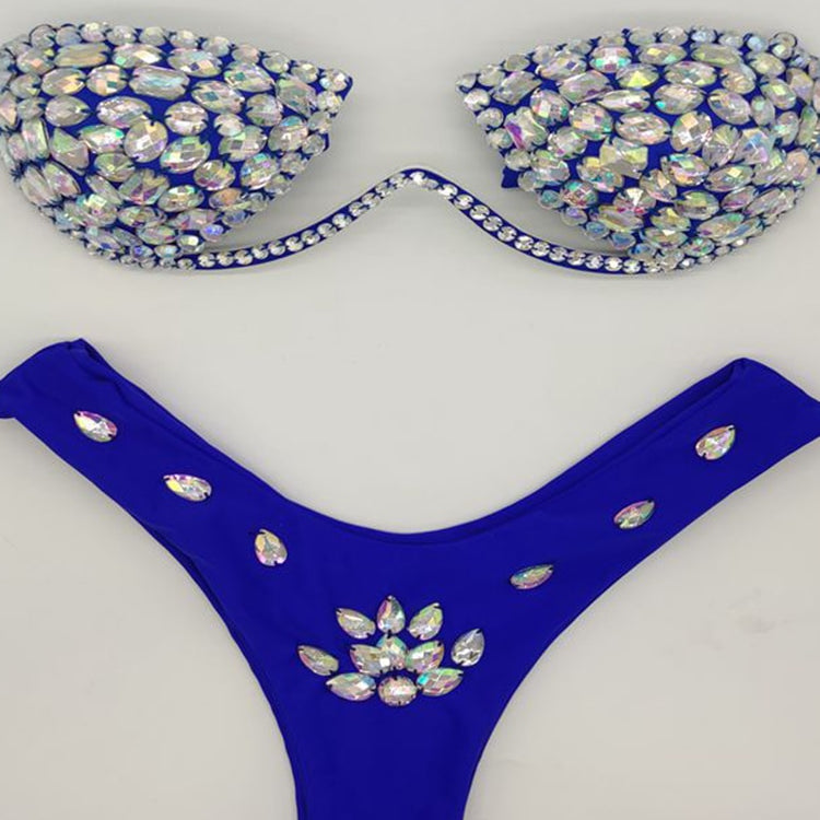 Women's Swimwear Bikini Swimsuit 2024 For Women Summer Beach Shiny Crystal Padded Push Up Bikinis Thong Bathing Sets Outfits Blue