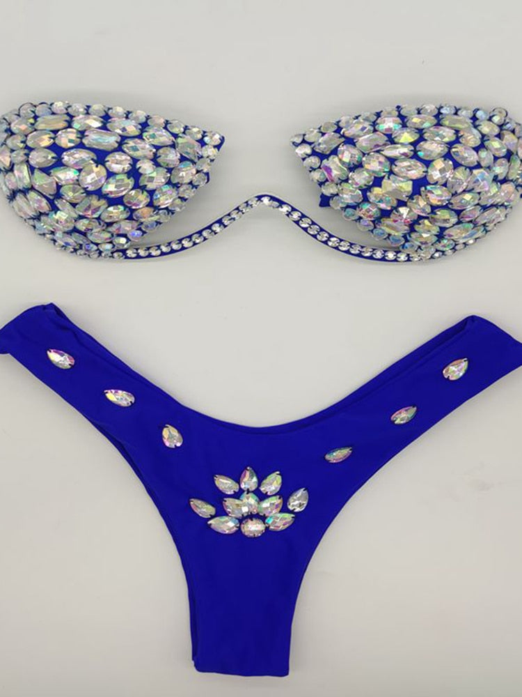 Women's Swimwear Bikini Swimsuit 2024 For Women Summer Beach Shiny Crystal Padded Push Up Bikinis Thong Bathing Sets Outfits Blue