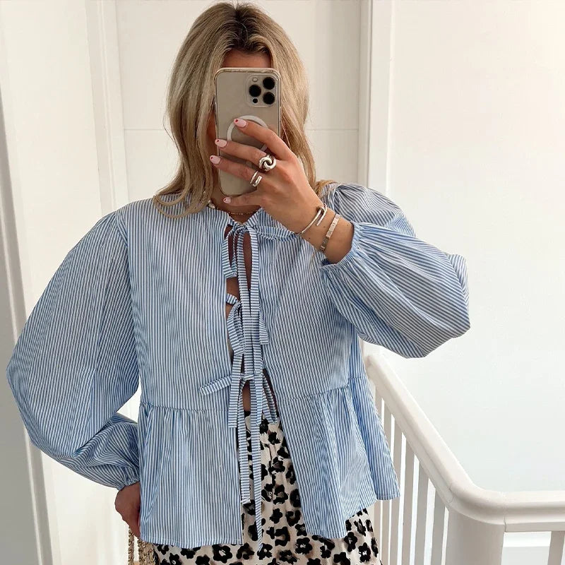 Elegant Striped Lace Up Women Shirts Chic Bow Puff Sleeve O-neck Hollow Out Female Blouses Spring Summer Casual Streetwear Blue