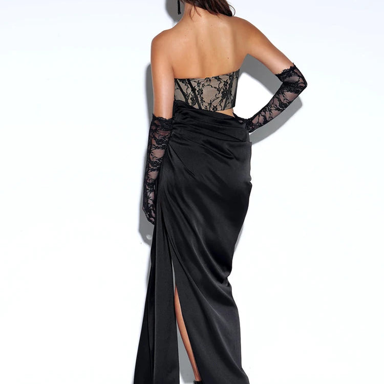 Cocktail Party Dress Women Sexy High Split Evening Clubwear Strapless Lace Patchwork Satin Long Dress Vestidos