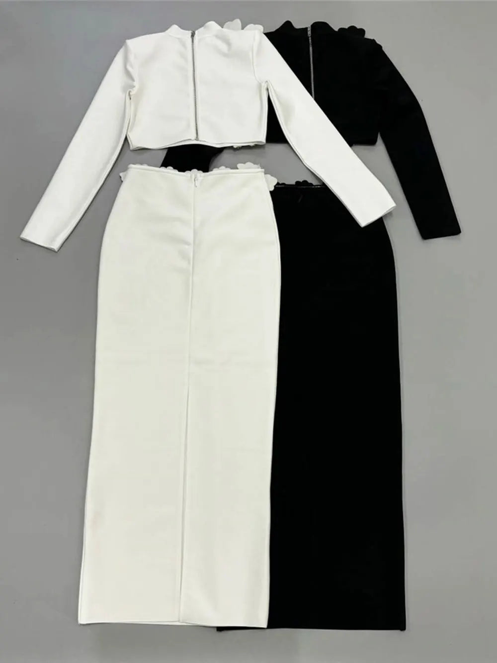 2024 Sexy Women's Bandage Skirt Set Stand up Collar Long Sleeve Nail Bead Water Diamond Short Top+Long Dress Two Piece Set