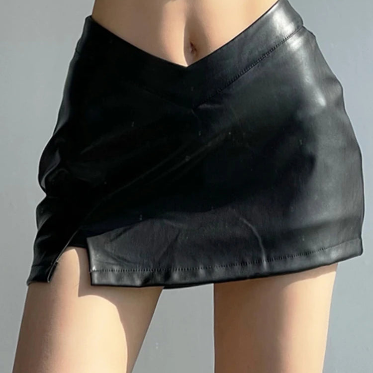 Lautaro Black Soft Stretchy Lightweight Pu Leather Mini Skirt Women with Slit Low V Waist Sexy Short Summer Luxury Chic Clothes