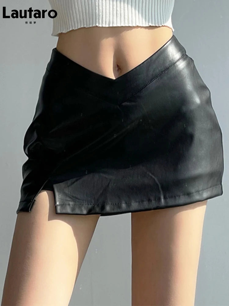Lautaro Black Soft Stretchy Lightweight Pu Leather Mini Skirt Women with Slit Low V Waist Sexy Short Summer Luxury Chic Clothes