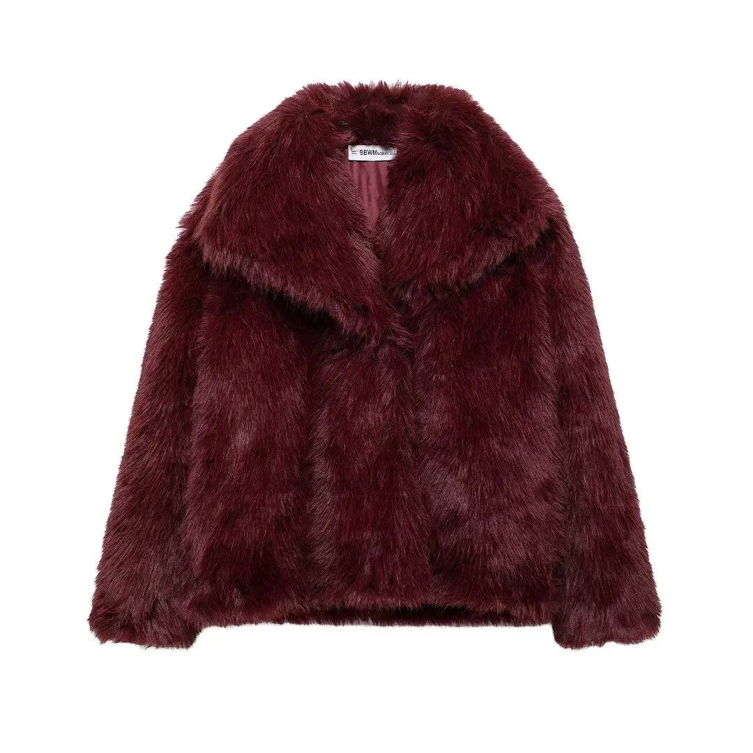 DUOPERI Women Fashion Winter Solid Thick Warm Faux Fur Coat Lapel Collar Long Sleeves Female Chic Lady Casual Outfits WineRed