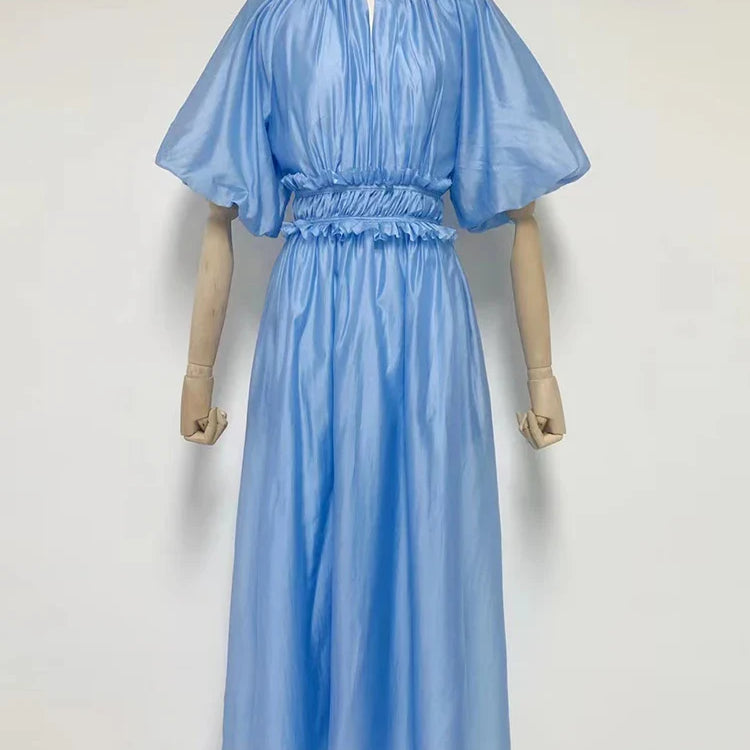 VGH Tie Dye Slim Dress Female Stand Collar Puff Half Sleeve High Waist Spliced Ruffles A Line Long Dresses Female Summer Clothes Blue