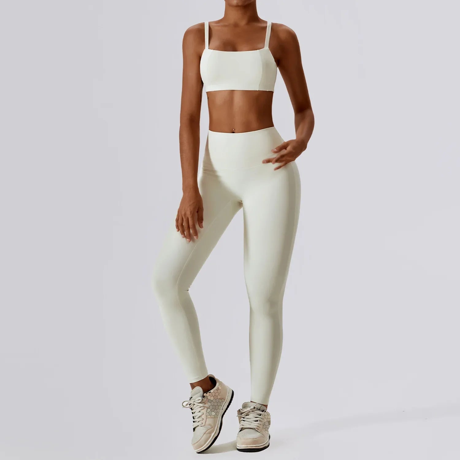 2PCS Yoga Set Nude Feeling Workout Sets Women Tracksuit Gym Push Up Fitness Running Workout Sportwear Sport Bra Leggings Suit Cream Apricot Set-2