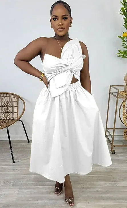 Women Big Petal Front Strapless Midi Long Dress 2024 Summer Street Vestidos Sexy Party Evening Chic Big Swing Dresses