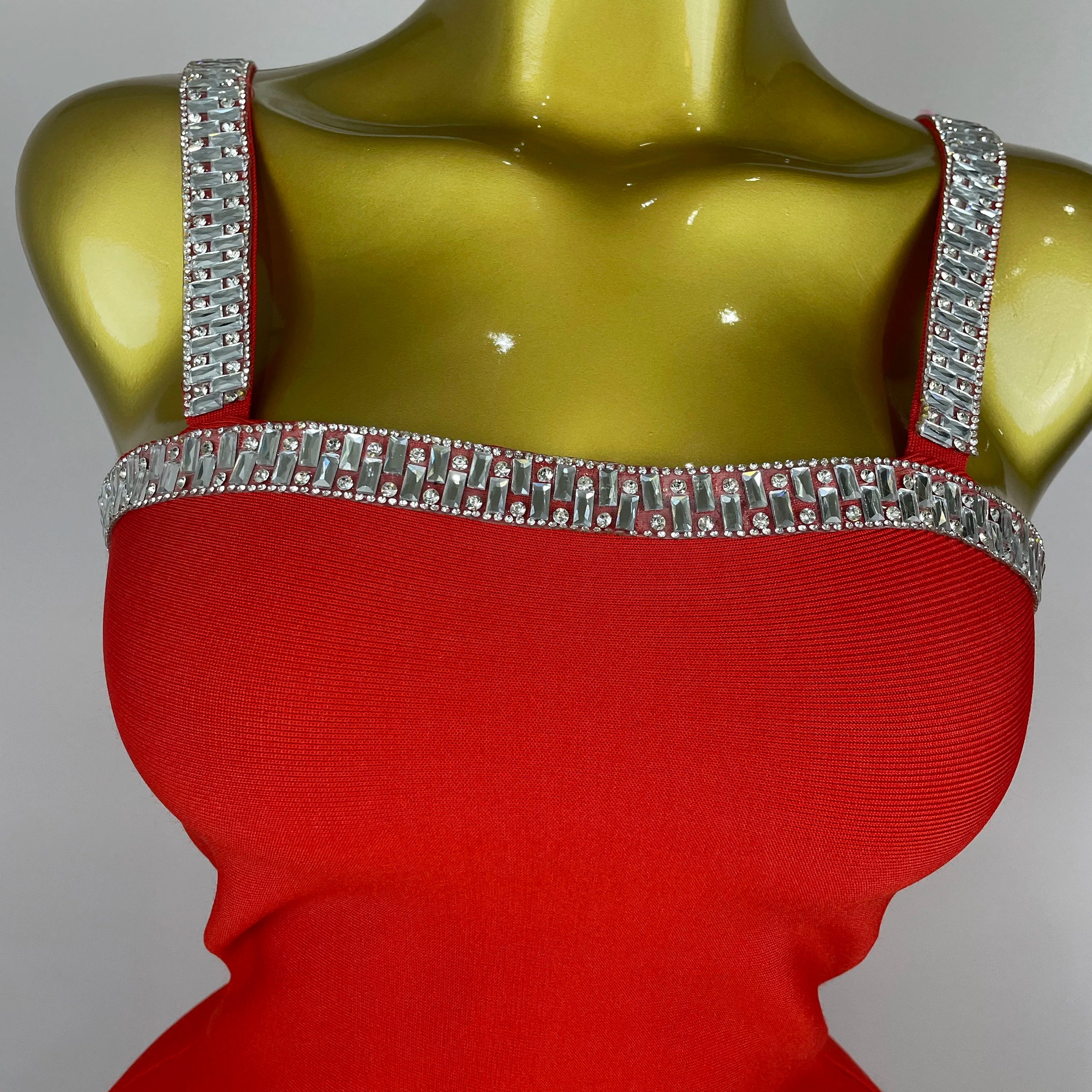 2025 Women Celebrity Luxury Sexy Summer Square Collar Red Crystal Mini Bandage Dress Knitted Elegant Evening Club Party Outfit