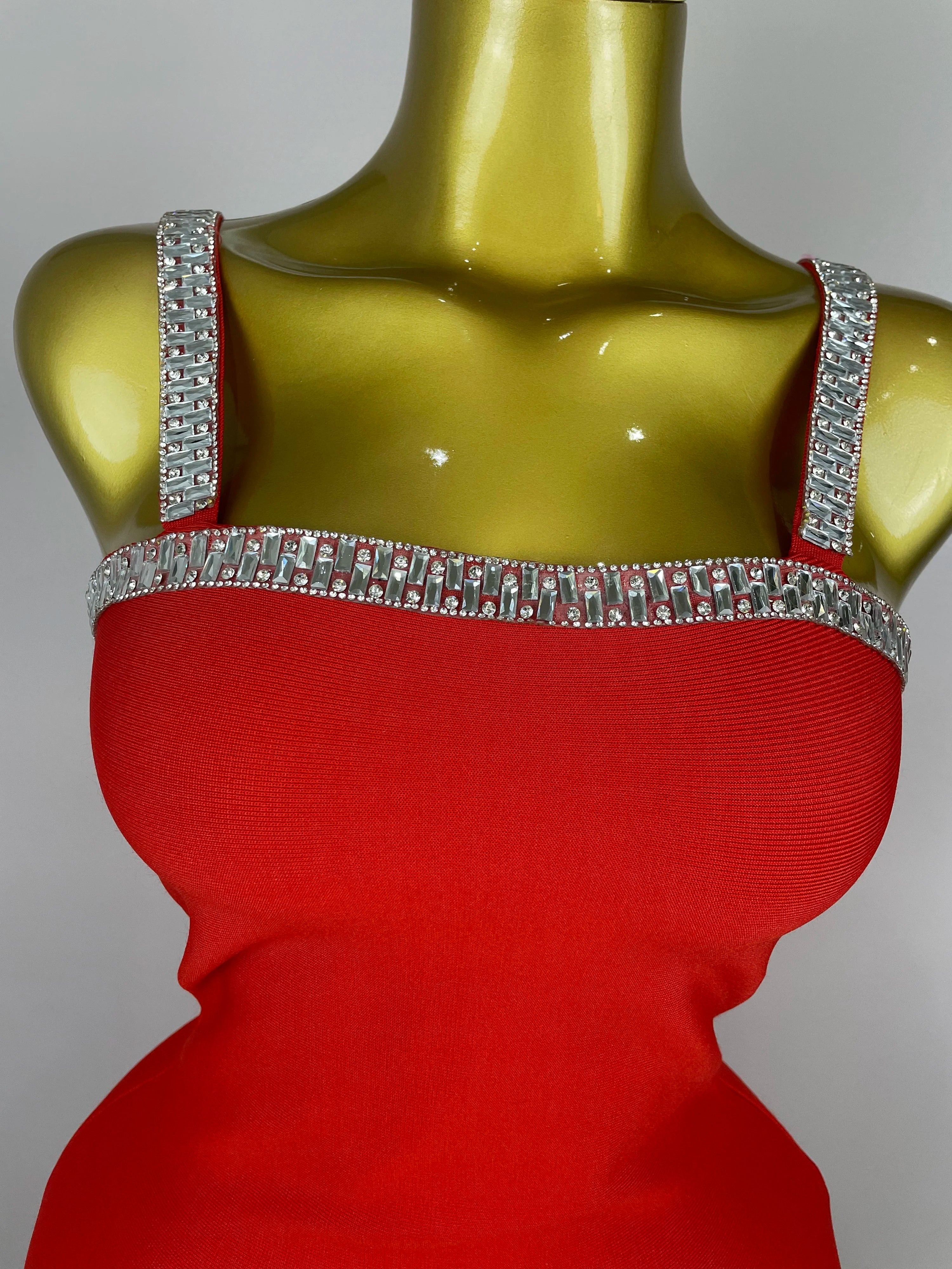 2025 Women Celebrity Luxury Sexy Summer Square Collar Red Crystal Mini Bandage Dress Knitted Elegant Evening Club Party Outfit