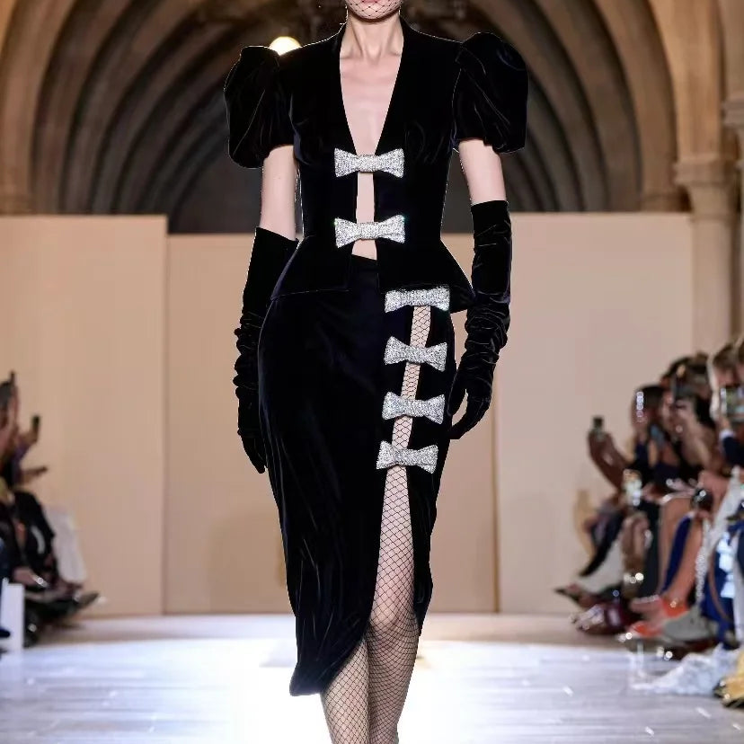 2025 New Fashion Gloves Black Velvet Woman Set Shining Diamond Bows V-Neck Jacket Sexy Hollow out package Hips Skirt Set 2 Piece