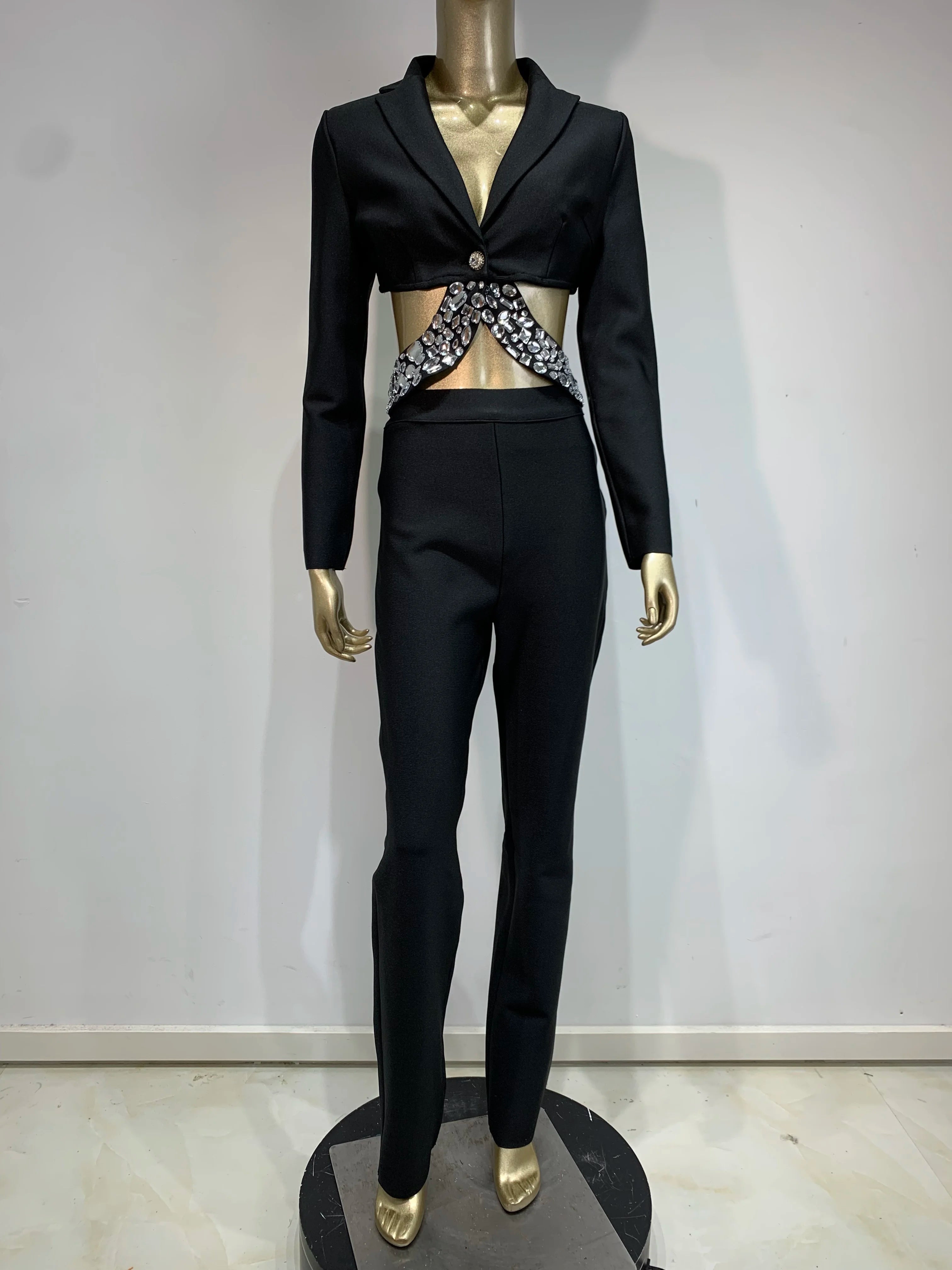 Women Winter Sexy Long Sleeve Beading Black White Two Pieces Pants Bandage Set 2025 Celebrity Designer Fashion Women's Set black