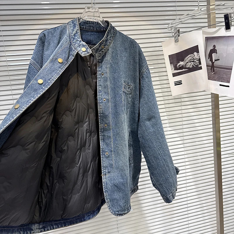 Winter New Vintage Pocket Design Cotton Lined Loose Denim Short Jacket For Women Loose Versatile Coat Female 11A07842