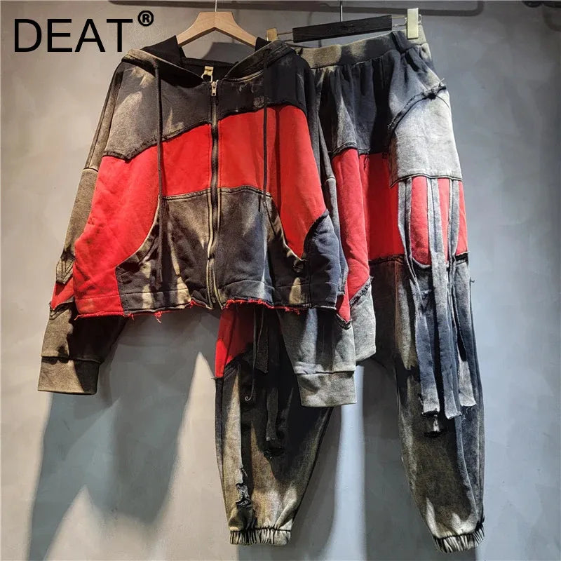 Autumn Fashion Spliced Contrast Color Hooded Short Jacket For Women Tassel Elastic Waist Wide-Leg Pants 11A07535