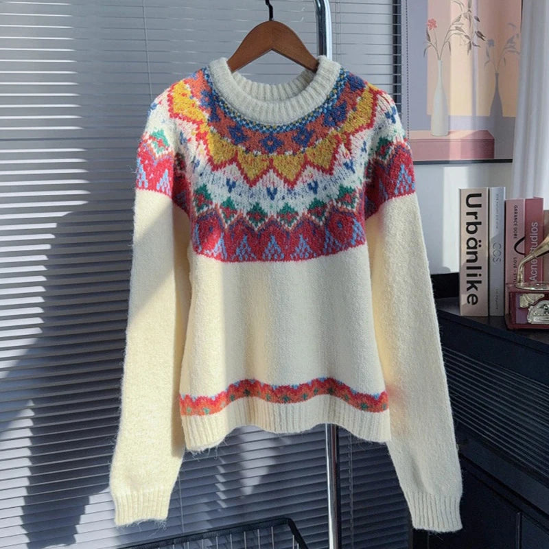 Autumn Winter New Fashion Christmas Red Sweater For Women Loose Lazy Style Contrast Color Knitted Pullover 11A07873 Apricot One Size